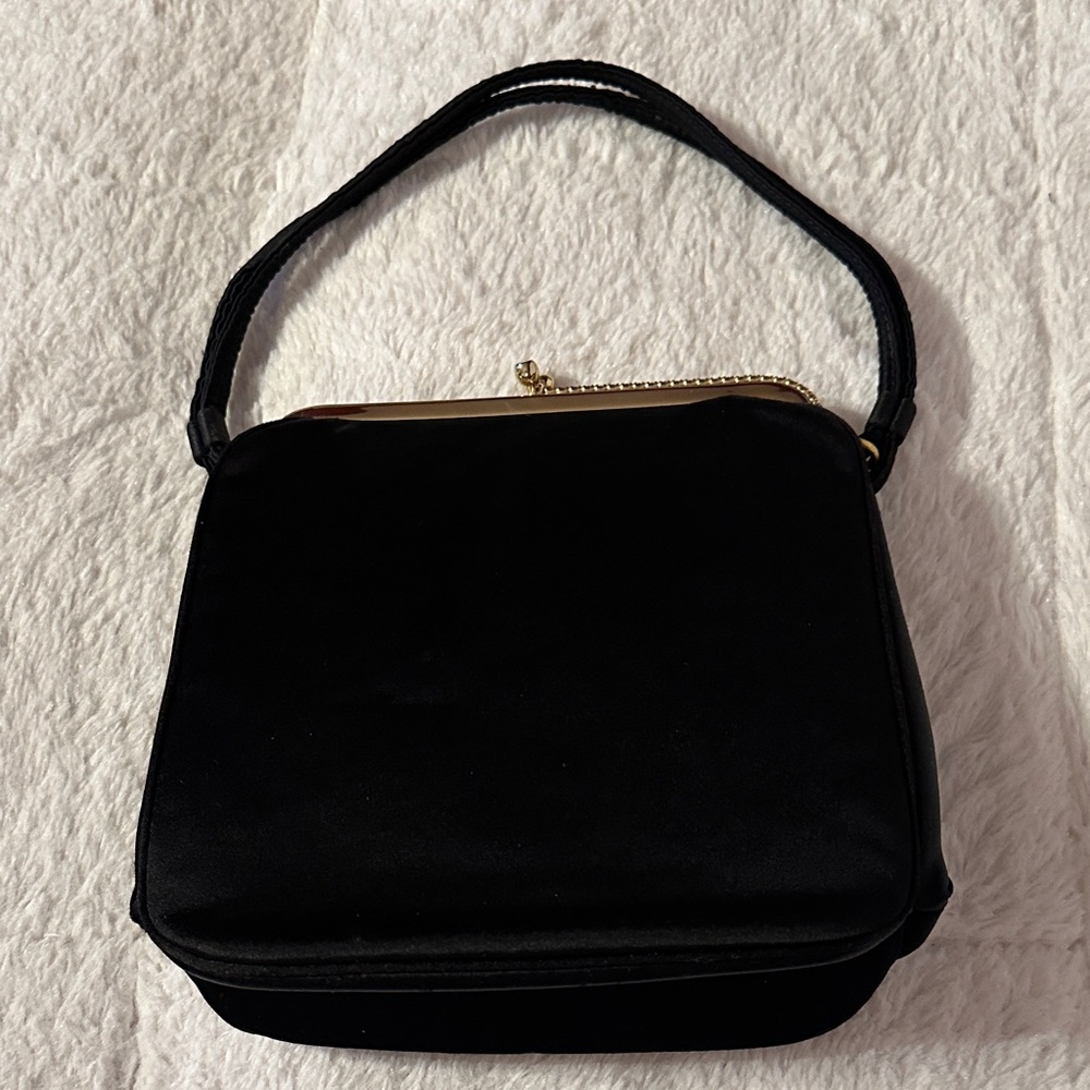 Vintage Mel-Ton Classic Black Satin Top-Handle Women's KISS Lock Bag